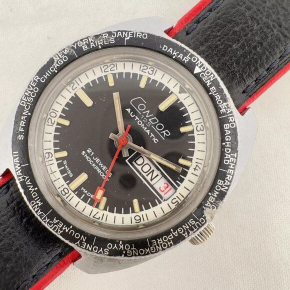 Vintage Condor 125 World Time 21J Men Automatic Wristwatch RondaMatic SwissSteel - Picture 5 of 12